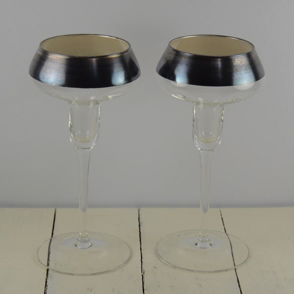 Pair of Dorothy Thorpe SILVER BAND 7.75" Candle Holders, Authentic Mid Century Candlestick Holder, Clear Glass Silver Rim, Unpolished Silver