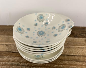8 Pcs Royal China BLUE ICE, 5) 6 7/8" Lugged Cereal Bowls, 3) 6 3/8" Bread and Butter Plates, White with Aqua and Gray Snowflakes, USA, Used