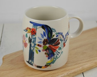 Anthropologie Starla M. Halfmann 12 oz Initial B Mug, White with Colorful Graphic Flowers Blue Initial B, B Name, Monogram, 4"