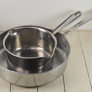 2 Pcs Emeril by All-Clad, 1) 3 Qt Saute Pan Skillet 10.25&quot;, 1)  1.5 Qt Pot Double Spout, NO Lids, Stainless Steel Copper Core, Used