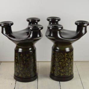 Set of 2 Franciscan MADEIRA 3 Light Candlesticks, 8.75&quot;, Holds 3+3 Taper Candles, Candelabra, Upside Down Holds a Pillar Candle, Dark Brown