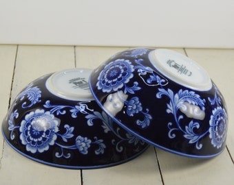 Set of 2 Pier 1 MANDARIN 7" Soup Bowls, Cobalt Blue and White Floral Design, Floral Medallion Inside, Used/Scratches