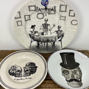 Royal Stafford Til Death Do Us Part 8.5" Salad Plate, White with Black Skulls Bride and Groom, Wedding Couple, Ribbon Band, Made in England