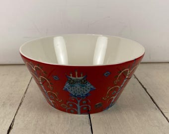 iittala Finland Taika 6" Cereal Bowl Soup Bowl Ice Cream Bowl, 20 oz, Red with Blue Owls and Fox, Klaus Haapaniemi