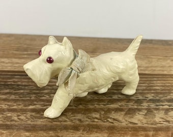 Celluloid West Highland Terrier with Red Rhinestone Eyes 2.25", Faded Blue Ribbon Bow, White Scottie Scottish Terrier