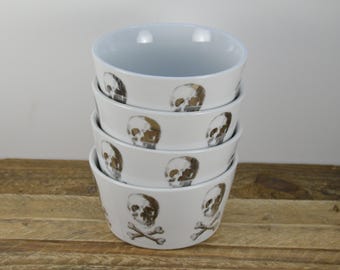 Set of 4 Z GALLERIE Skull and Crossbones 5 3/8" Bowls, Cereal Bowl, Ice Cream Bowl, White with Silver Metallic Skulls