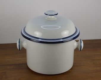 Dansk Bistro CHRISTIANSHAVN Blue 1.75 Quart Round Covered Casserole, White Blue Bands, Round Knob Handles, Japan