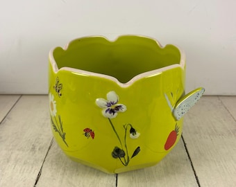 Anthropologie FAYE 5.5" Planter Pot, Bright Chartreuse Green with Flowers Bees Butterflies, 3D Wing, Scalloped Rim