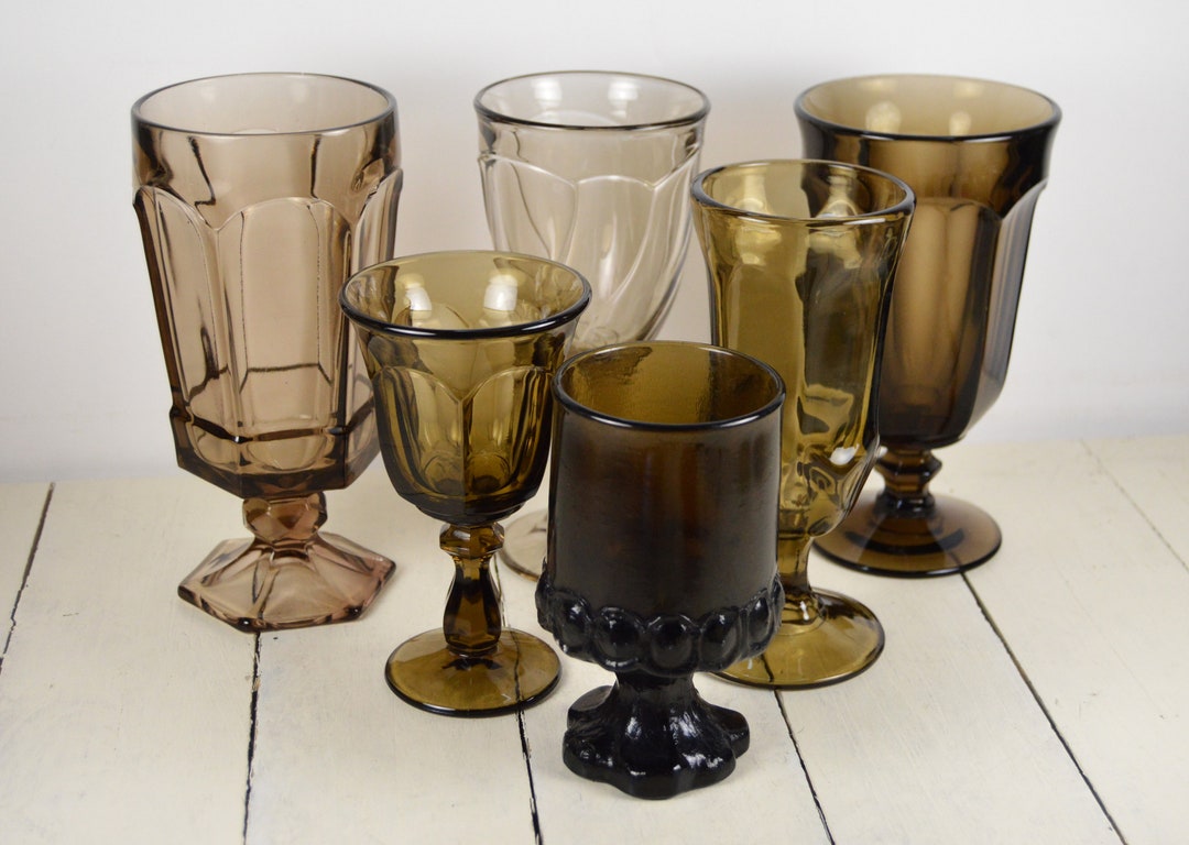 Set of 6 MISMATCHED Brown Drinking Glasses, Iced Tea Water Wine Goblets ...