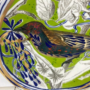 K&ouml;nnte beinhalten: Dekorative Keramikplatte mit einer detaillierten Illustration eines Vogels auf einem Ast. Die Platte hat einen leuchtend gr&uuml;nen Hintergrund mit blauen und goldenen Akzenten. Der Vogel hat braunes, blaues und rotes Gefieder, und der Rand ist mit Gold verziert.
