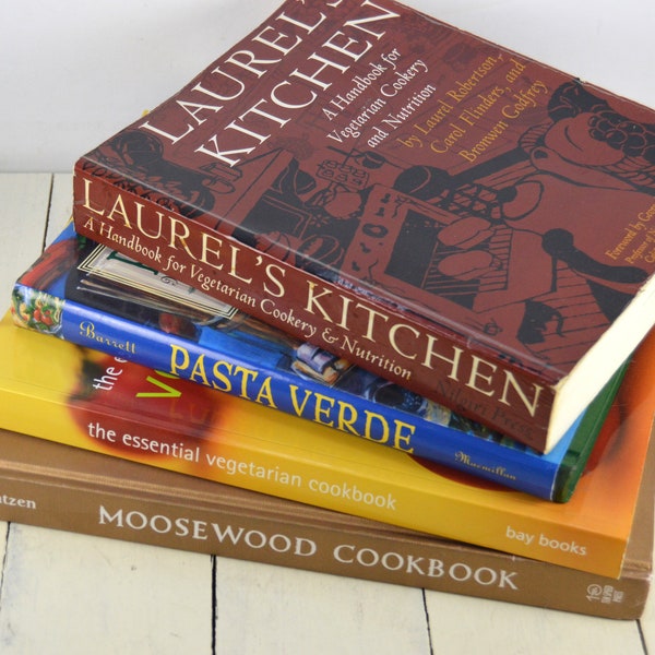 Lot of 4 VEGETARIAN Cookbooks, 2 Hardback/1 DJ/2 Softback, Laurel's Kitchen, Pasta Verde, Essential Vegetarian, Moosewood 40th Anniversary