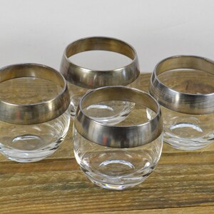 Set of 4 Authentic Dorothy Thorpe SILVER BAND 10 oz Roly Poly Glasses, Round Thick Bottom Glass, MCM Barware Bar Cart