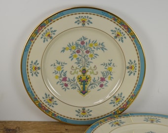 Set of 5 Lenox BLUE TREE 10.5" Dinner Plates, Ivory with Gold Trim, Blue Band Yellow Pink Flowers, Made in USA