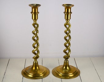 Pair of Brass Barley Twist Candlesticks 12.25", Taper Candle Holder, Gold Metal, Used