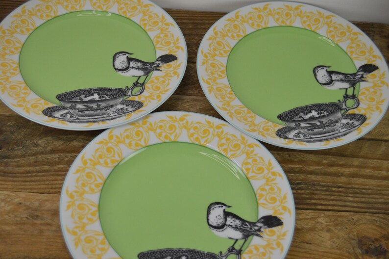 K&ouml;nnte beinhalten: Drei gr&uuml;ne und wei&szlig;e Keramikteller mit gelbem Rand. Jeder Teller zeigt eine Schwarzwei&szlig;illustration eines Vogels und einer Teetasse.