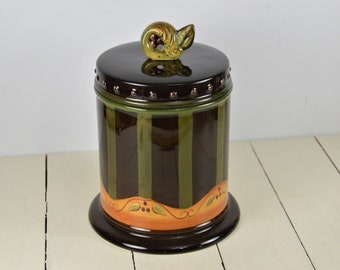 Demdaco CHOCOLATE BERRIES Medium Canister with Lid, 6.75&quot;, Dark Brown Olive Green, Stripes, Raised Red Dots, Deb Hrabik, Chip