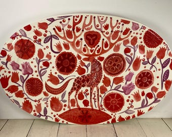 Anthropologie NORDIC SUNRISE 20" Oval Serving Platter, White Red Purple Deer Floral Scandinavian Design, Ribbed Rim