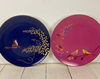Set of 2 Portmeirion Sara Miller CHELSEA 8" Cake Plates, Salad Dessert Plates, Wall Plate, Pink or Navy Blue with Gold Trim and Birds, Used