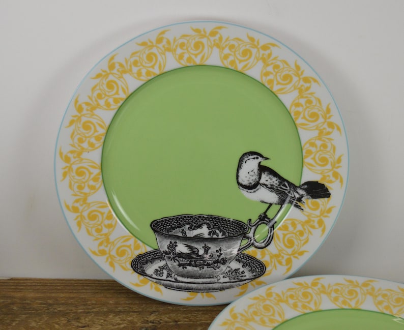 K&ouml;nnte beinhalten: Ein gr&uuml;ner und wei&szlig;er Teller aus Keramik mit einem gelben und goldenen Blumensaum. In der Mitte des Tellers befindet sich eine Schwarzwei&szlig;illustration eines Vogels, der auf einer Teetasse sitzt.