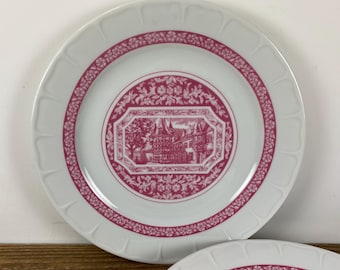 Set of 2 Heinrich RUDESHEIMER 8.75" Luncheon Plate, White with Pink-Red Scene, Raised Patterned Rim, Made in Germany