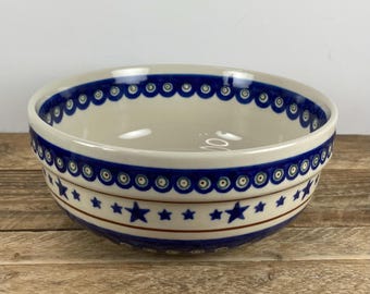 Boleslawiec Polish Pottery 7 5/8" Serving Vegetable Bowl Salad Bowl, Peacock Band with Red Stripes Blue stars, Hand Made in Poland
