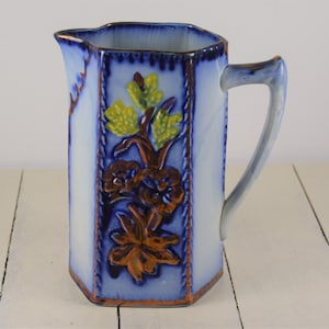 Flow Blue GAUDY WELSH Copper Luster Pitcher, 7.25&quot;, 6 Panels, Flow Blue, Raised Copper Luster Leaves Trim Yellow Flowers, Crazing
