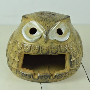 Viking Import Japan Stoneware Owl Ashtray or Candle Holder 4.25&quot;, Smoke comes out Eyes, Brown Stoneware, Figural Owl, Can Hang