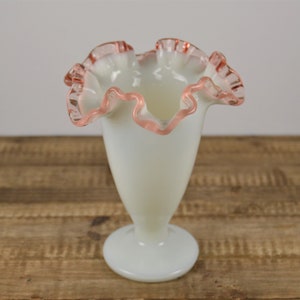 Fenton ROSE CREST 6.5&quot; Vase, Double Crimped, White Milk Glass with Clear Pink/Peach Edge, Chip