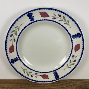 Set of 6 Adams China LANCASTER 8&quot; Salad Plates, White with Blue Bands Red Flowers, English Ironstone Made in England, Used/1 Chipped