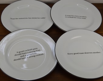 Set of 4 Pottery Barn COCKTAIL QUOTES 7.5" Appetizer Plates, Cocktail Plates, White with Black Type and Rim