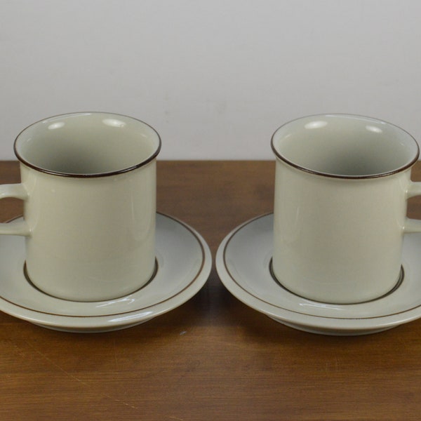 Set of 2 Arabia of Finland FENNICA 10 oz Cups and Saucers, 3 3/8", Gray-Beige with Brown Bands, Heavy Stoneware, Used