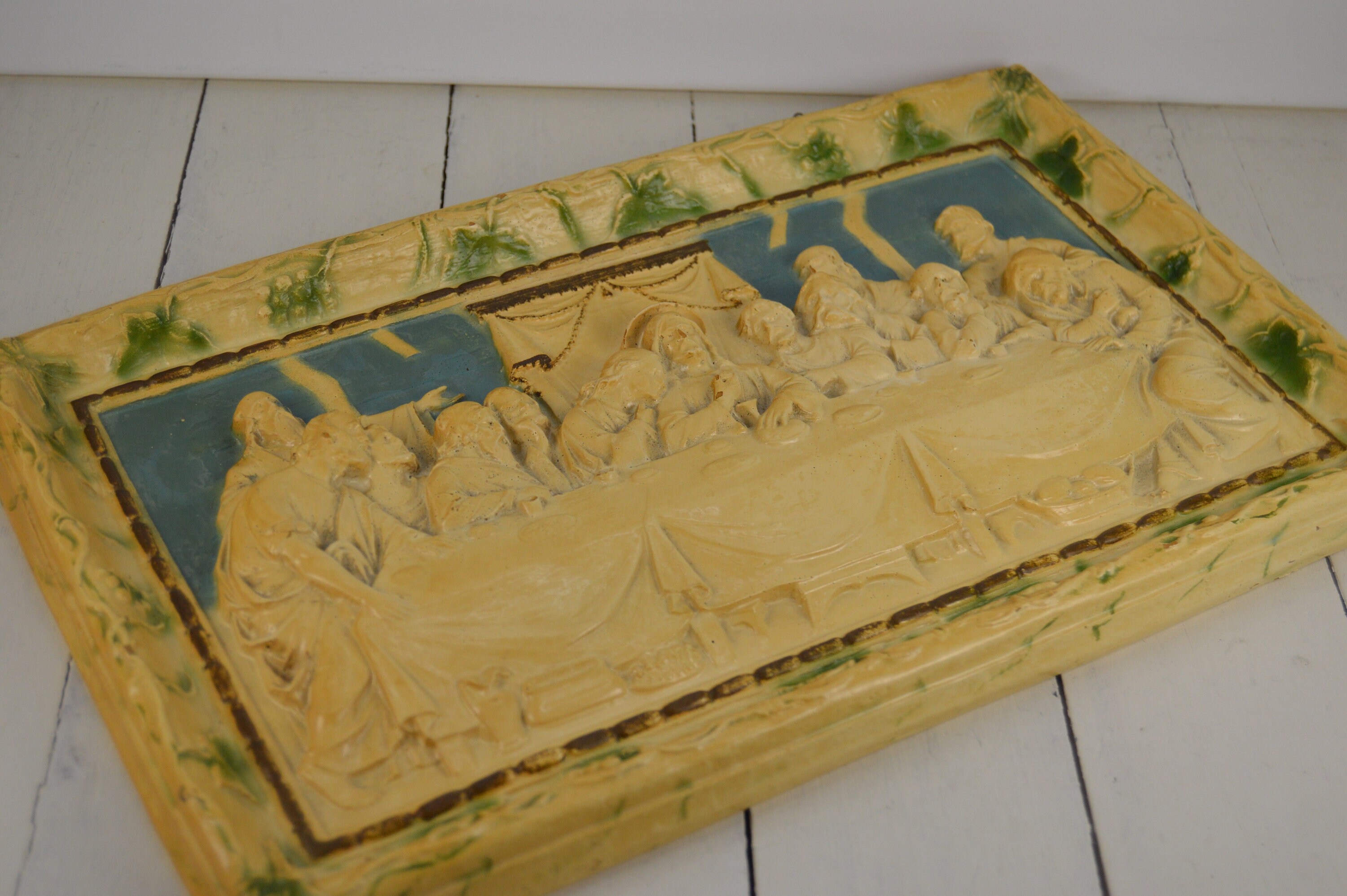 Vintage the Last Supper Wall Hanging 14.75", Cast Resin With Green Blue ...