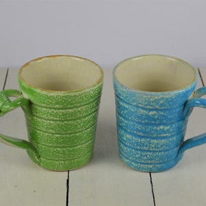 Set of 2 Vietri SORRENTO 9 oz Mugs, Light Green and Turquoise Blue, Unique Handle, Vietri Made in Italy, Rustic Look, 3.75&quot;