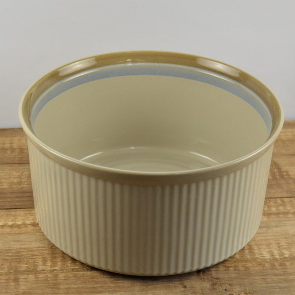 Noritake PAINTED DESERT 7.5" Round Souffle Baking Dish, Round Fluted Bowl, Beige Tan Blue Bands, 8603 Japan, Noritake Stoneware