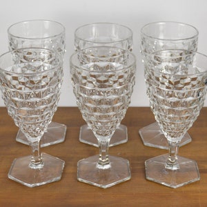 Set of 6 Fostoria AMERICAN CLEAR 10 oz Water Goblets, 6 5/8&quot; - 6 7/8&quot;, Cubed Stacked Cubes Hexagonal Base, Used