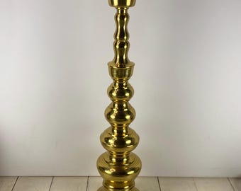 17.75" Tall Single Brass Candlestick, Made in Japan, Gold-Tone Brass, Wax Catcher Cup, Taper Candle, Smooth Design