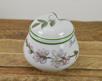 Apilco ELYSIAN GARDENS Sugar Bowl with Lid, Prunus Dulcis ALMOND Tree Flower Graphic, Apilco France, White with Green Trim