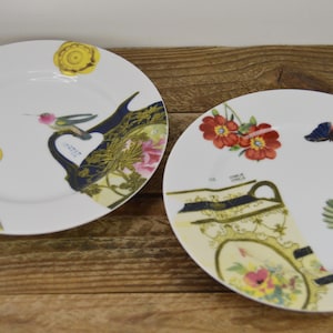 Puede incluir: Dos platos de cer&aacute;mica blanca con dise&ntilde;os florales y de p&aacute;jaros. Un plato presenta un colibr&iacute;, mariposas y flores amarillas. El otro plato presenta una mariposa azul, flores rojas y un p&aacute;jaro azul.