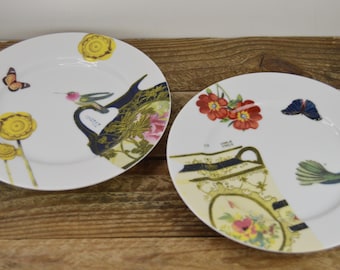 Set of 2 Anthropologie 8" Bird Salad Plates, White with Colorful Collage of Bird Butterfly Flowers and Vases, Hummingbird, Wall Grouping