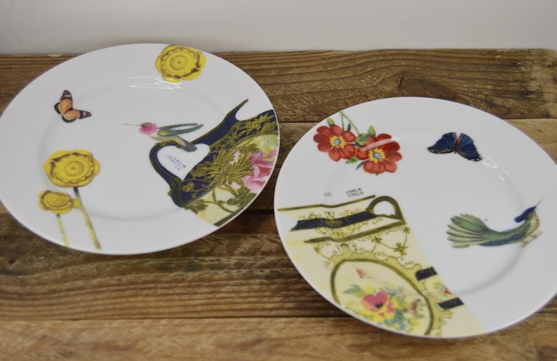 Puede incluir: Dos platos de cer&aacute;mica blanca con dise&ntilde;os florales y de p&aacute;jaros. Un plato presenta un colibr&iacute;, mariposas y flores amarillas. El otro plato presenta una mariposa azul, flores rojas y un p&aacute;jaro azul.