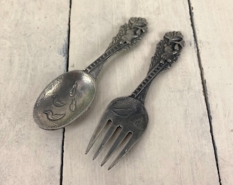 Web Pewter Child Baby Spoon & Fork Set 4", Sweet Bear Climbing Ladder to Beehive and Swimming Ducks