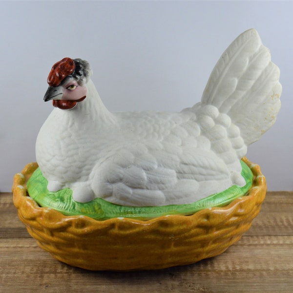 Staffordshire HEN ON NEST or Basket Tureen, England, Yellow Gold Woven Basket Dish with White Nesting Hen Lid, 10.5"