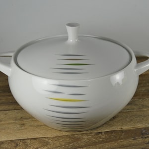May include: White porcelain serving dish with a lid. The dish has a silver and gray striped pattern with yellow and green accents.