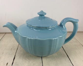 Hall China Company DARBY Victorian Series Teapot, Light Blue Birch, Unmarked, 1940s Victorian Style Pattern, 5.5"