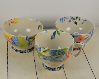 3 Pcs Anthropologie DODI, 2) 5.25" Cereal Ice Cream Bowls, 1) 14 oz Mug, White with Bright Colors Florals Birds