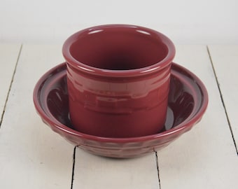 2 Pcs Longaberger PAPRIKA, 1) 7" Small Pie Plate, 1) 1 Pint Crock 3.5" No Lid, Pie Baking Plate, Maroon Longaberger Pottery