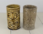2 Pcs Hand Made Pottery TIKI Tumblers, 6 oz, Tiki Faces, Tiki Mask, 4 quot , Olive-Brown, Gray, Artist Signed TEAL