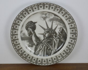 222 Fifth Slice of Life MISS LIBERTY 8" Salad Plate, White with Black Status of Liberty, Antar Dayal Illustrator, Used