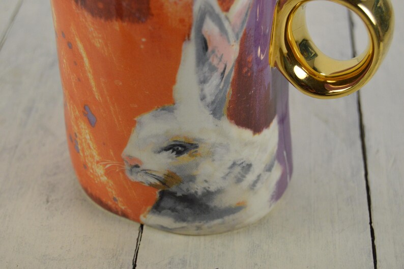 Anthropologie Laura Walcott WINTER FAUNA White Rabbit 13 oz Mug, Round Gold Handle, 4.25" bild 2