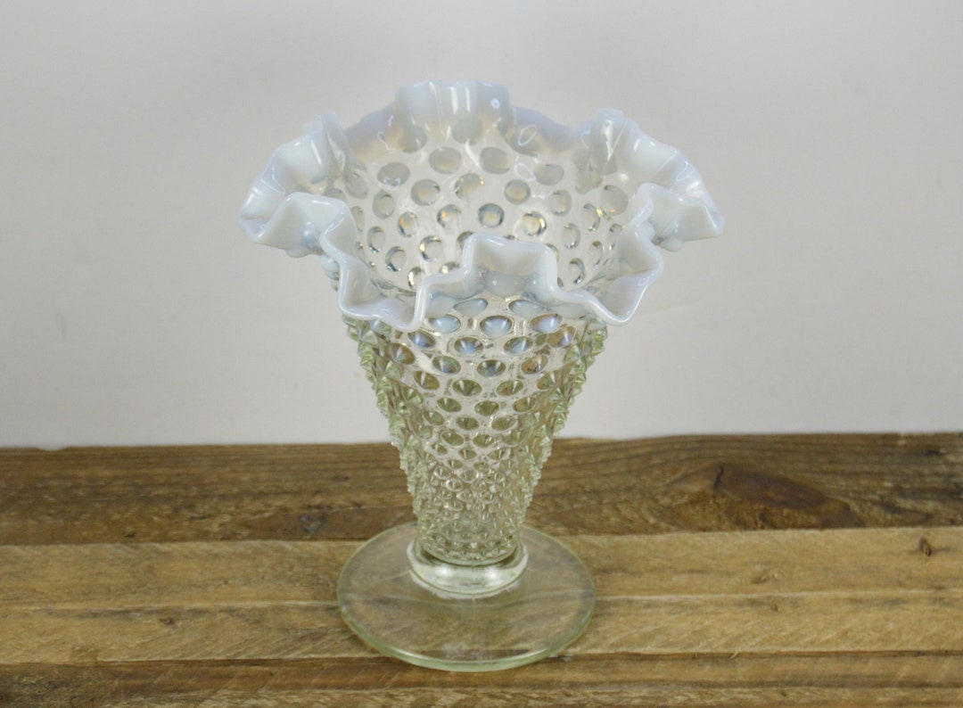 Fenton HOBNAIL FRENCH Opalescent Double Crimped 7.5" Vase, Clear Glass ...